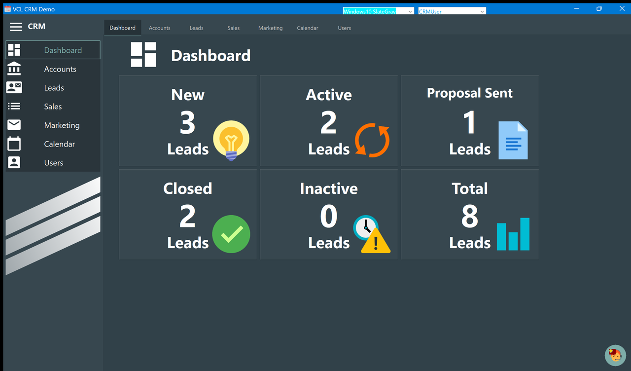 The dashboard of the CRM demo