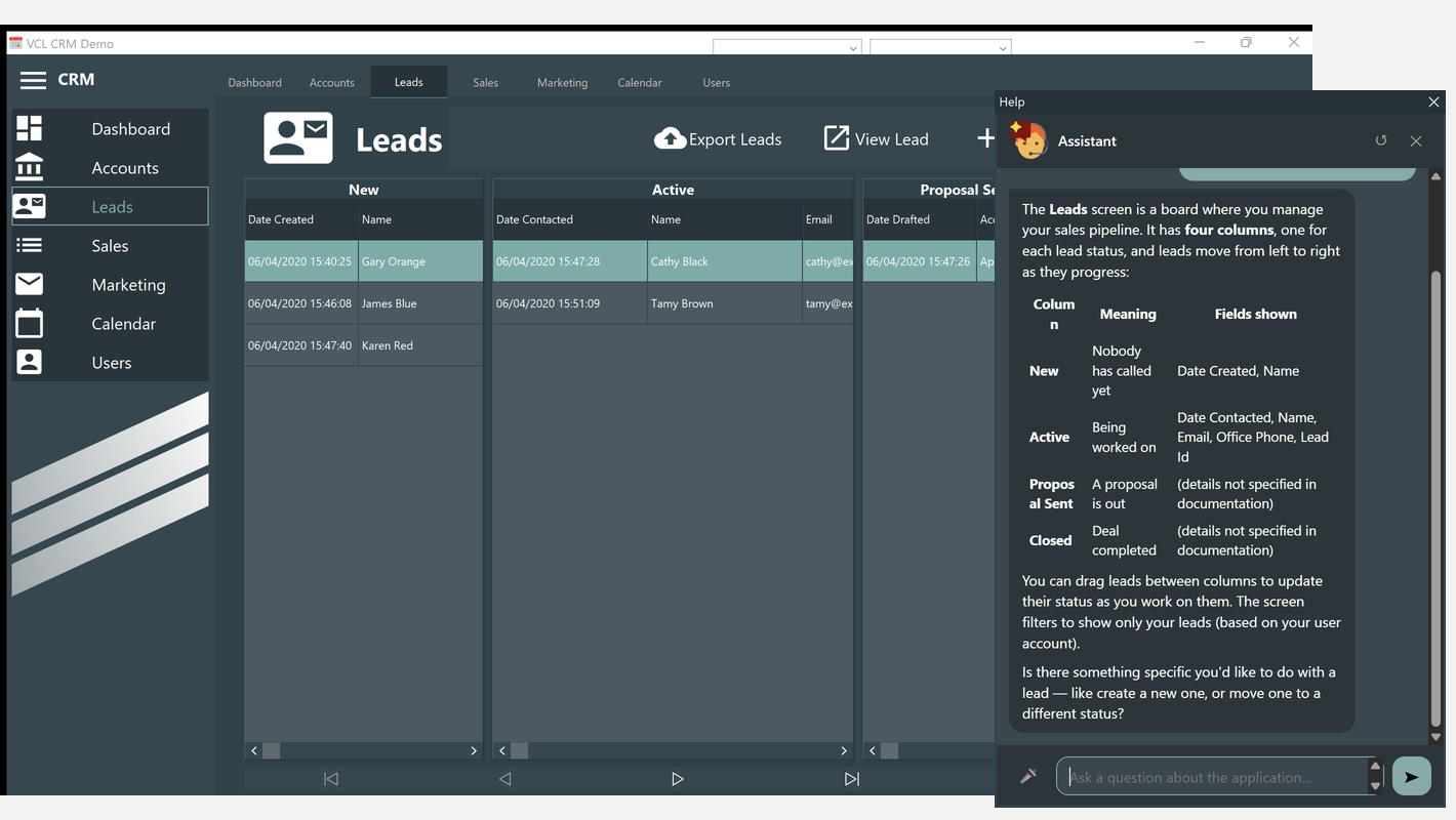 The CRM demo with the assistant answering about the screen in front of you