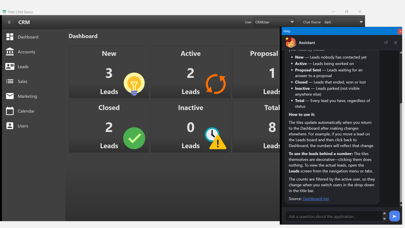 The FireMonkey demo, with the assistant answering about the Dashboard