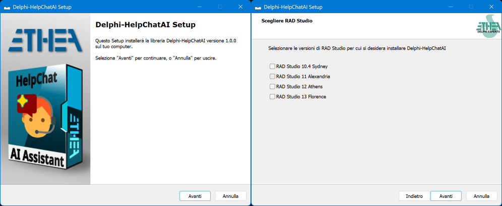 The setup choosing the Delphi versions to install into