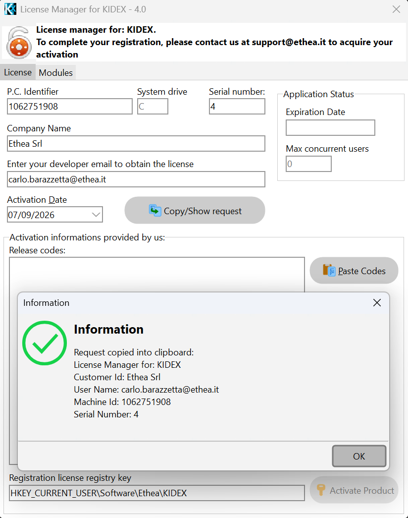 KIDEX License Manager — Company Name and developer email filled in, request copied to clipboard