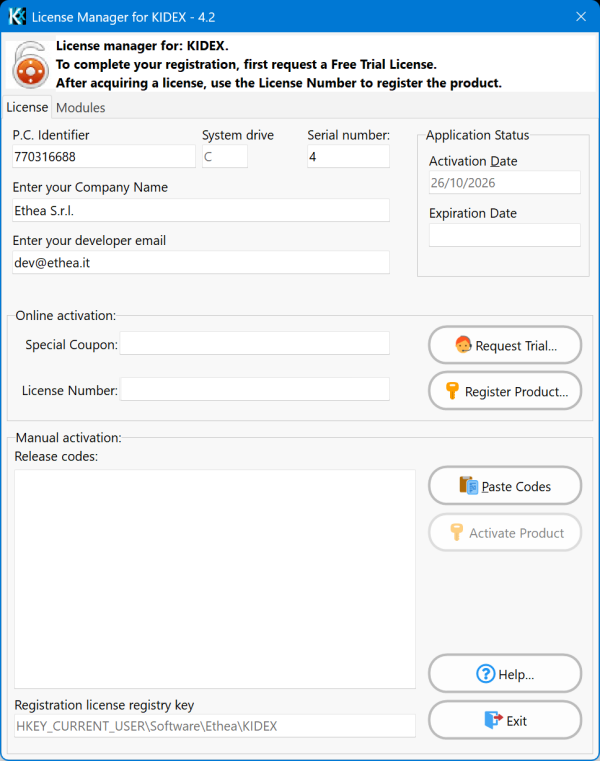 The KIDEX License Manager: machine identity and Company Name / developer e-mail at the top, the Online activation group (Special Coupon + Request Trial, License Number + Register Product), the Manual activation release-codes box, and the registry key the licence is stored under