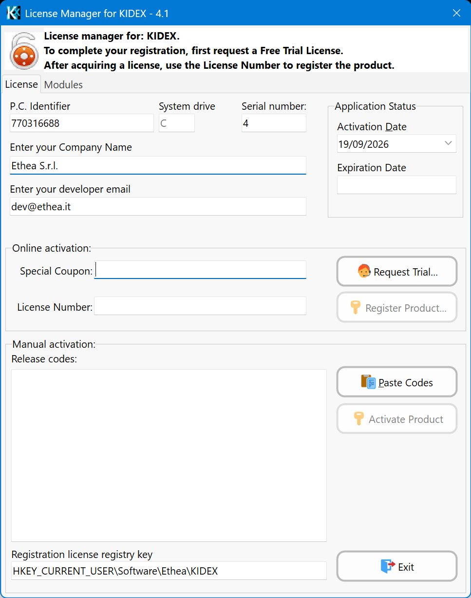 The KIDEX License Manager: machine identity and Company Name / developer e-mail at the top, the Online activation group (Special Coupon + Request Trial, License Number + Register Product), the Manual activation release-codes box, and the registry key the licence is stored under
