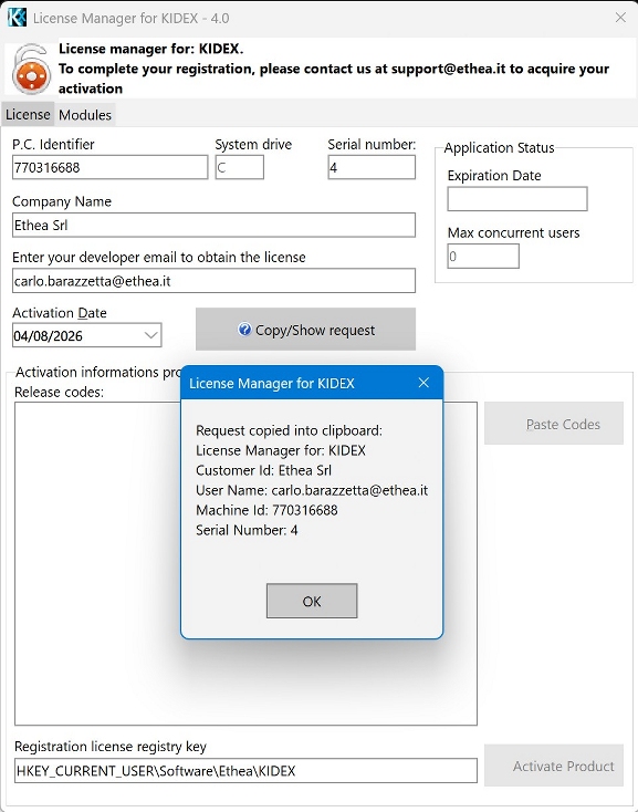 KIDEX License Manager — Company Name and developer email filled in, request copied to clipboard