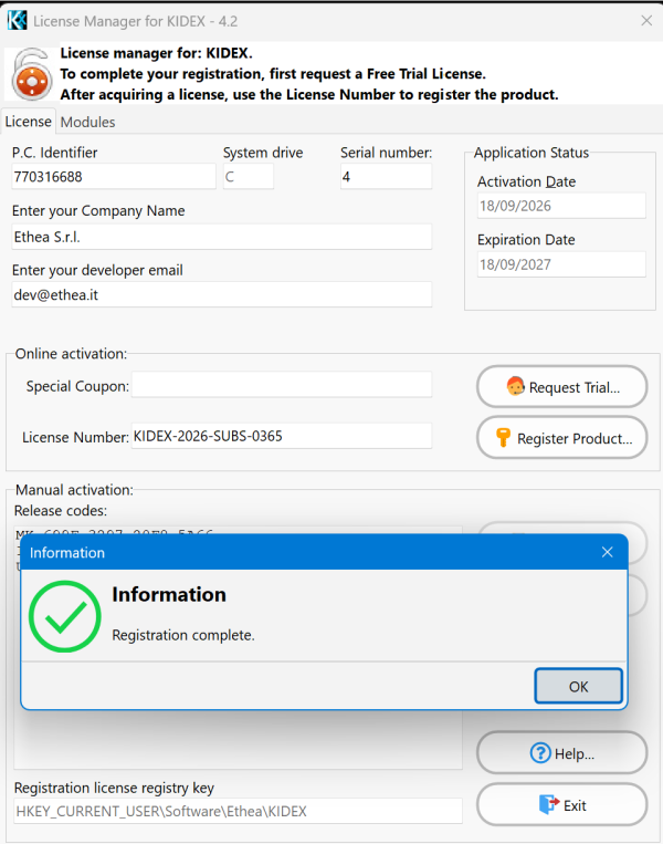 KIDEX License Manager — release codes and Activate Product confirming Registration Complete