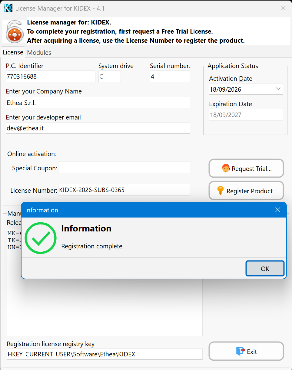 KIDEX License Manager — release codes and Activate Product confirming Registration Complete