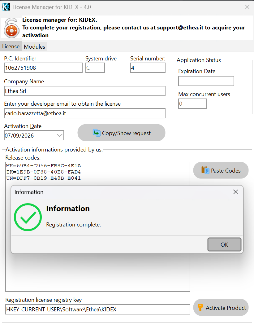 KIDEX License Manager — release codes pasted and Activate Product confirming Registration Complete