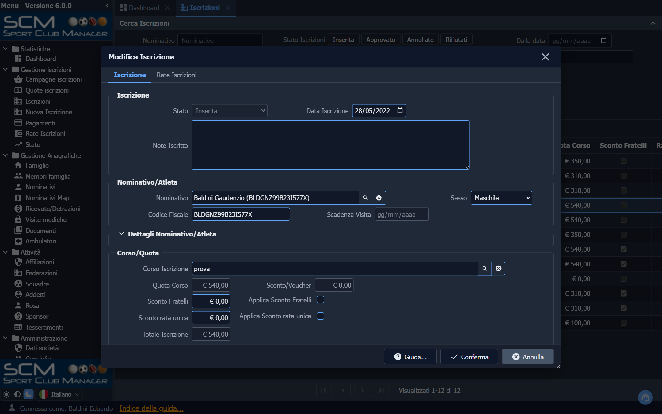 Enrollment form: the master page, with the instalments detail tab
