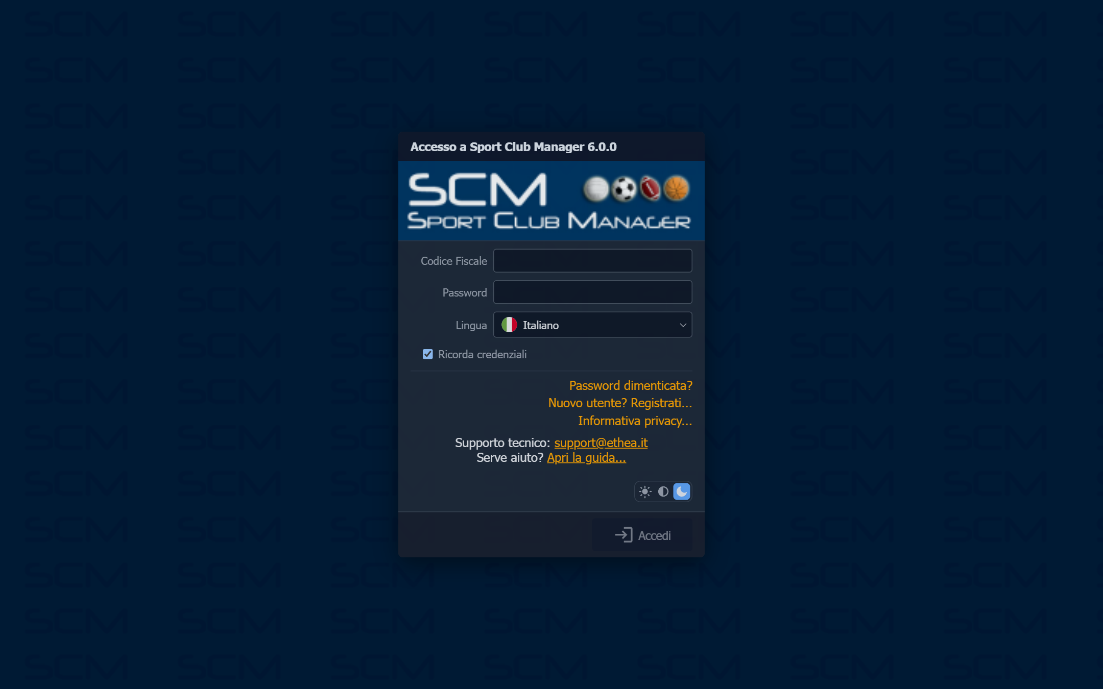 Login form with the club logo and the language dropdown