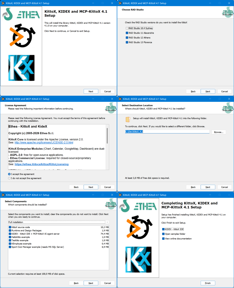 The pages of the KittoX setup: Welcome, Choose RAD Studio, License Agreement, Select Destination Location, Select Components and the final page