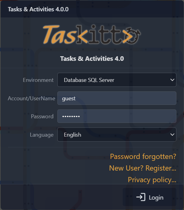 TasKitto login with environment combo