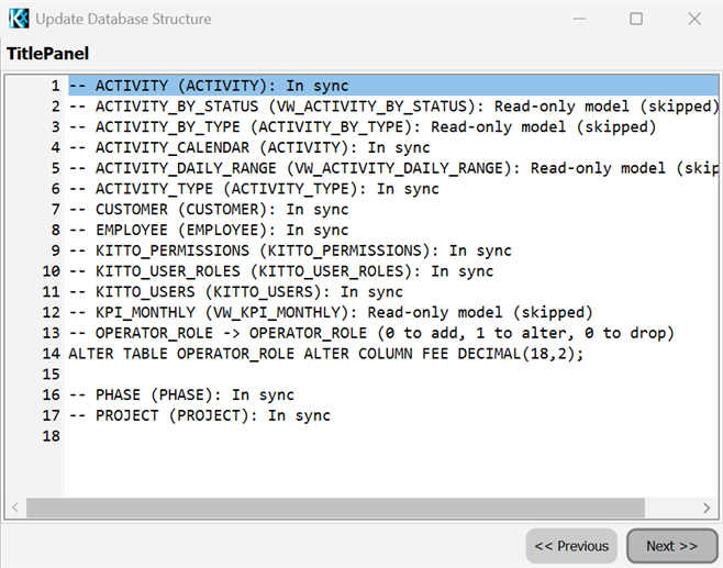 Update Database Structure — DDL preview page