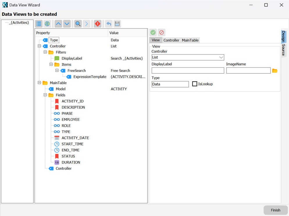 Data View Wizard — the view generated from the selected model, ready to be edited