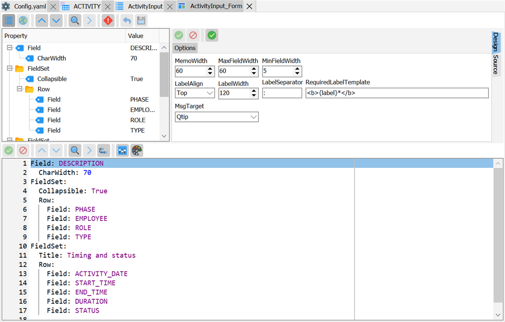 Layout Editor — Row and Field nodes, layout options and YAML source