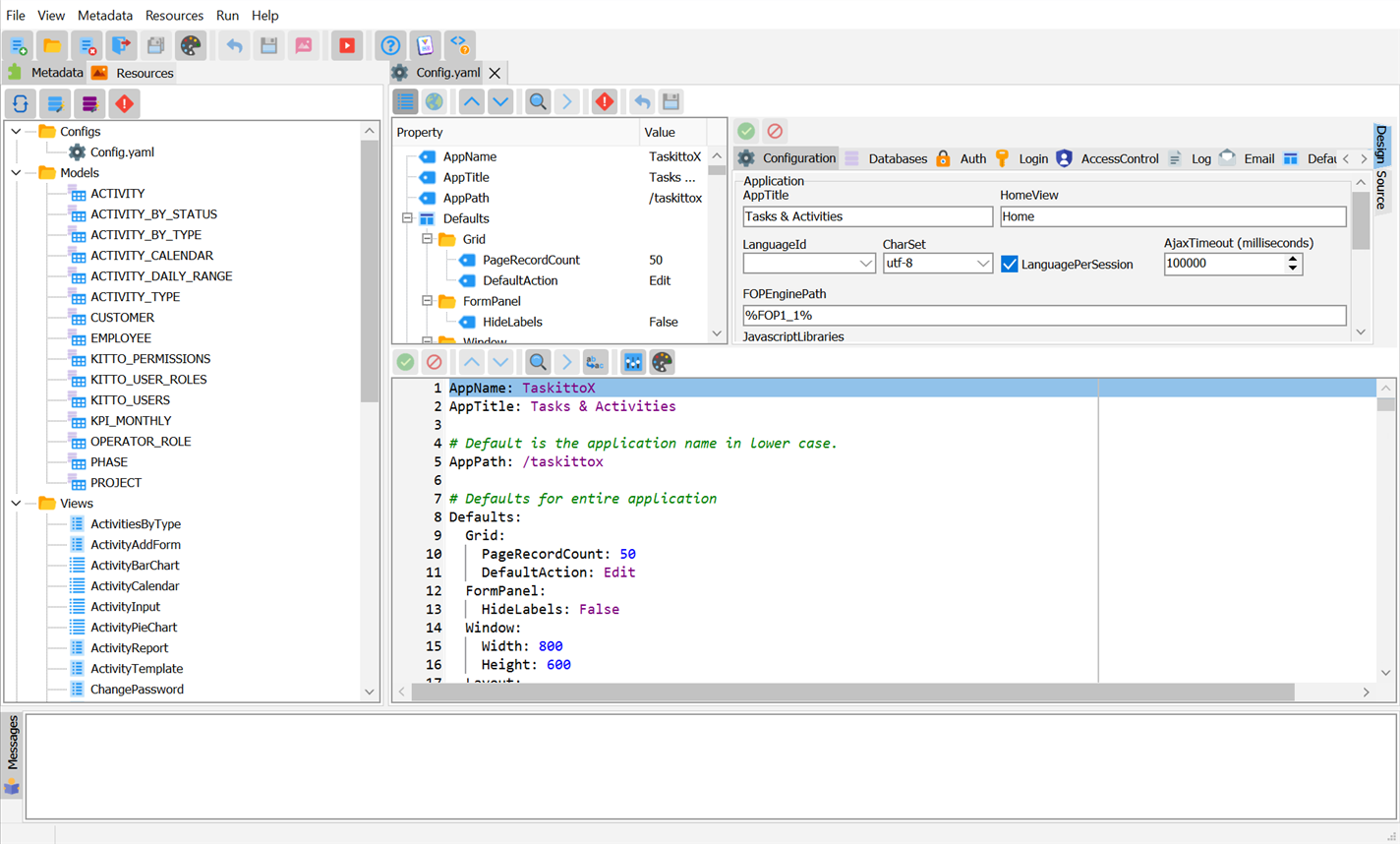 KIDEX main window with Config.yaml open — project tree (left), node tree and Configuration designer (top), YAML source (bottom), messages panel