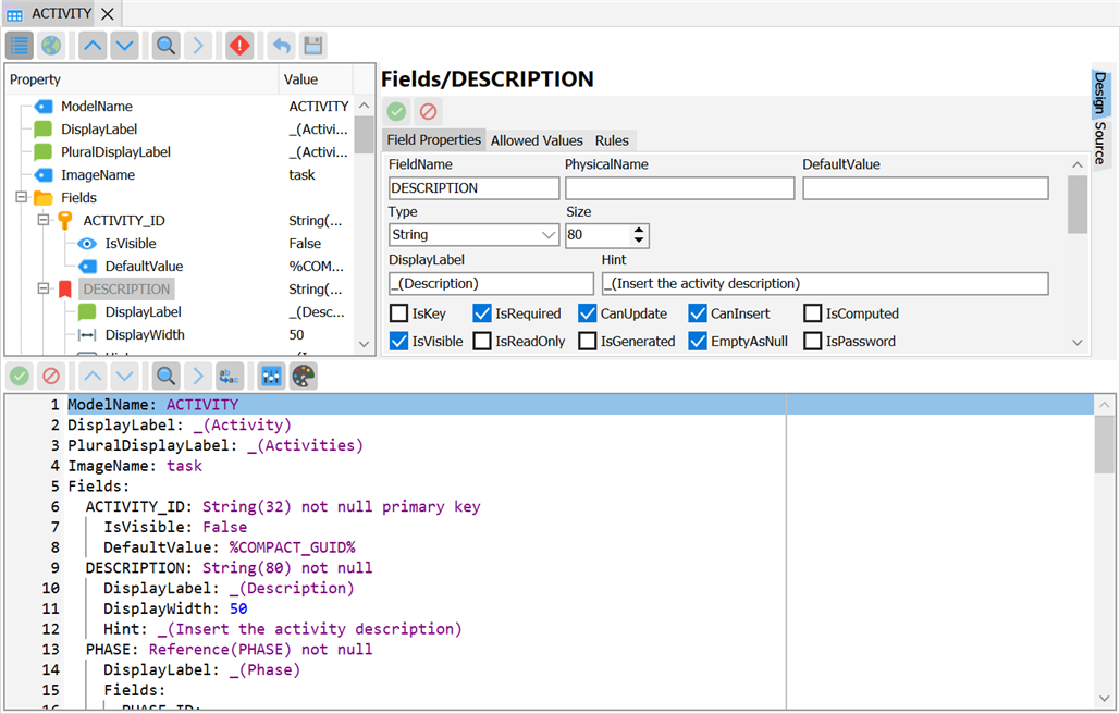 Model Editor — Fields expanded, field properties in the designer panel, YAML source below