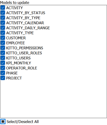 Models to update — one checkbox per table