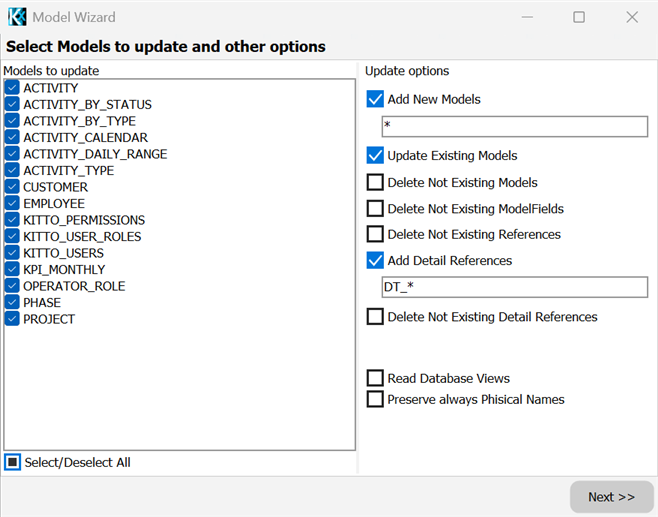 Model Wizard — first page: models to update and update options