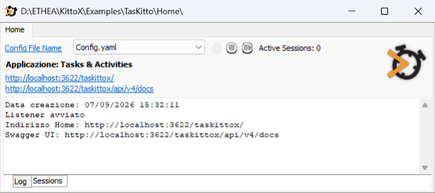 The engine window launched from KIDEX — log with the Home URL, Sessions tab