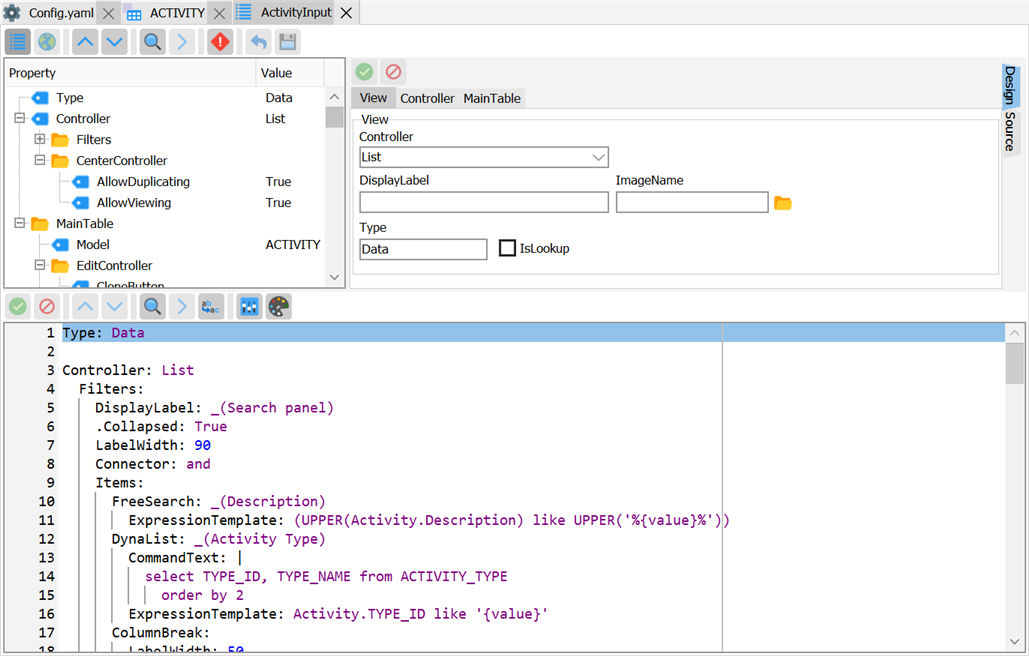 View Editor — node tree with Controller and MainTable expanded, designer panel and YAML source